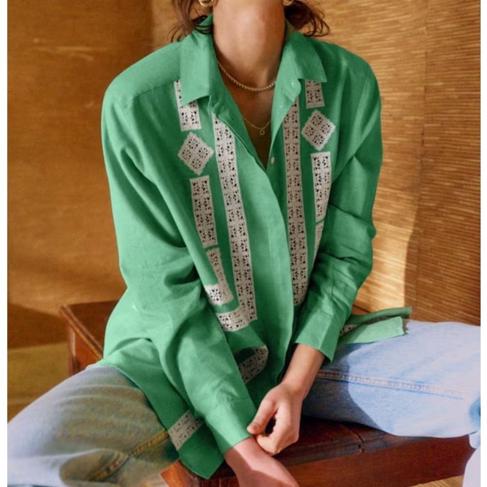 SÉZANE X LUCIA Marzia Shirt Green Embroidered Cutout Linen Blend Size 38 US M
